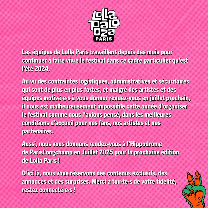 Le festival Lollapalooza Paris annonce l’annulation de son édition 2024